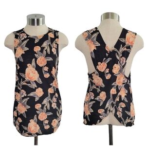 Lucky Lotus Black & Orange Floral Open Back Sleeveless Top Blouse Womens Size S